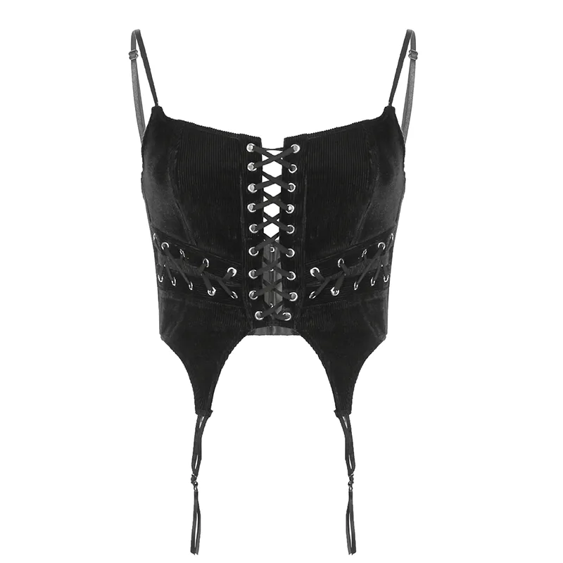 Aesthetic Black Velour Lace-up Camisole / Fashion Design Corset Top with Straps