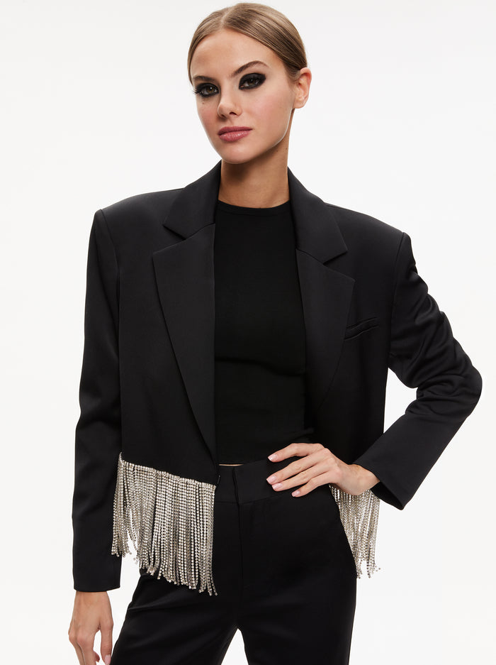 ALICE + OLIVIA Shan Crystal Fringe Blazer in Black