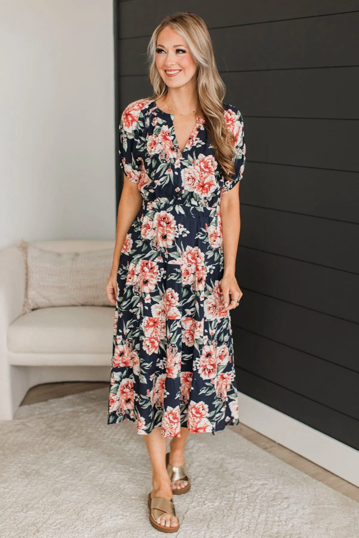 All I'm looking For Floral Midi Dress- Dark Navy