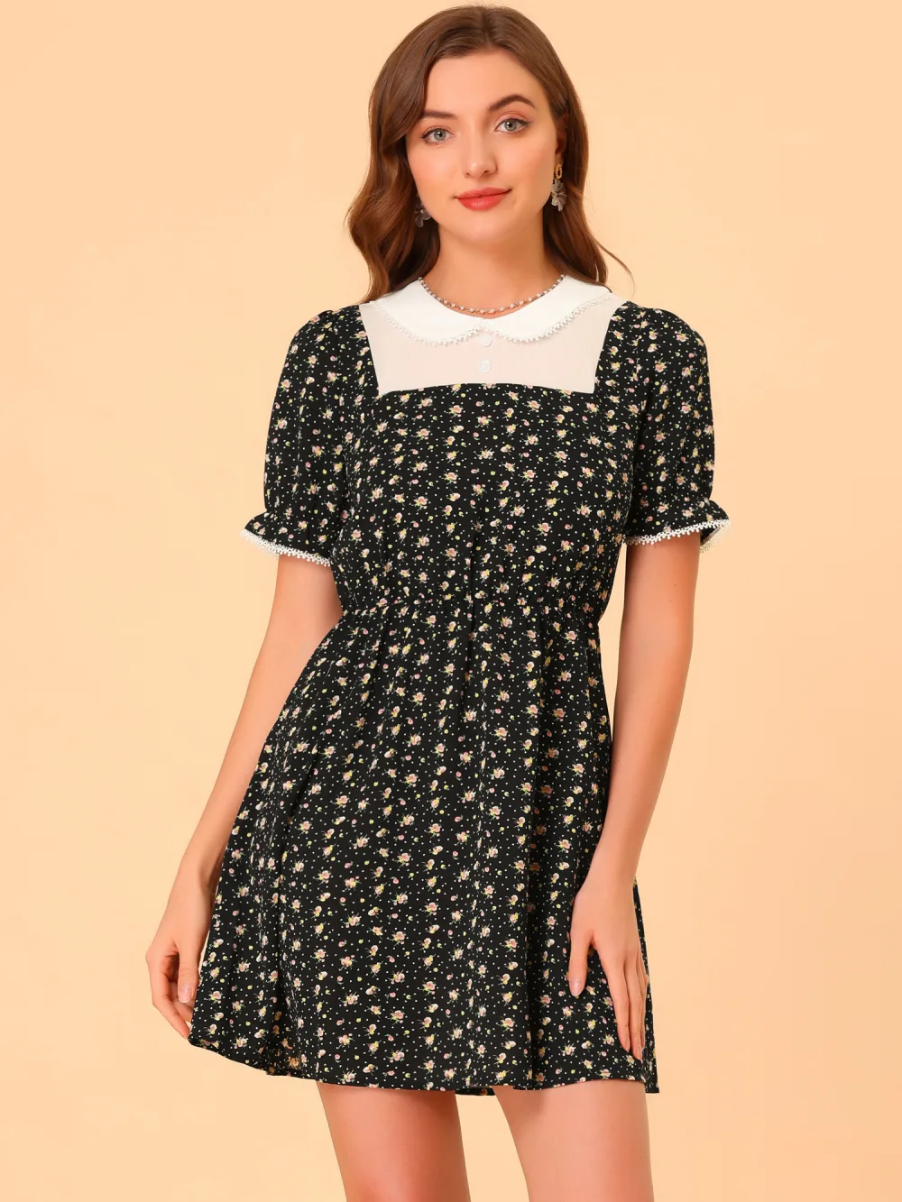 Allegra K- Contrast Peter Pan Collar Puff Short Sleeve Floral Dress