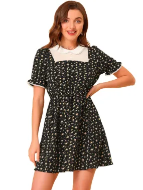 Allegra K- Contrast Peter Pan Collar Puff Short Sleeve Floral Dress