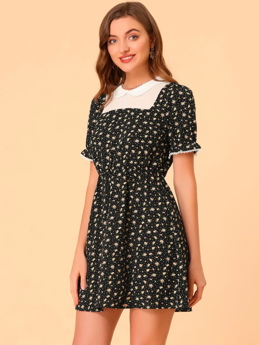 Allegra K- Contrast Peter Pan Collar Puff Short Sleeve Floral Dress