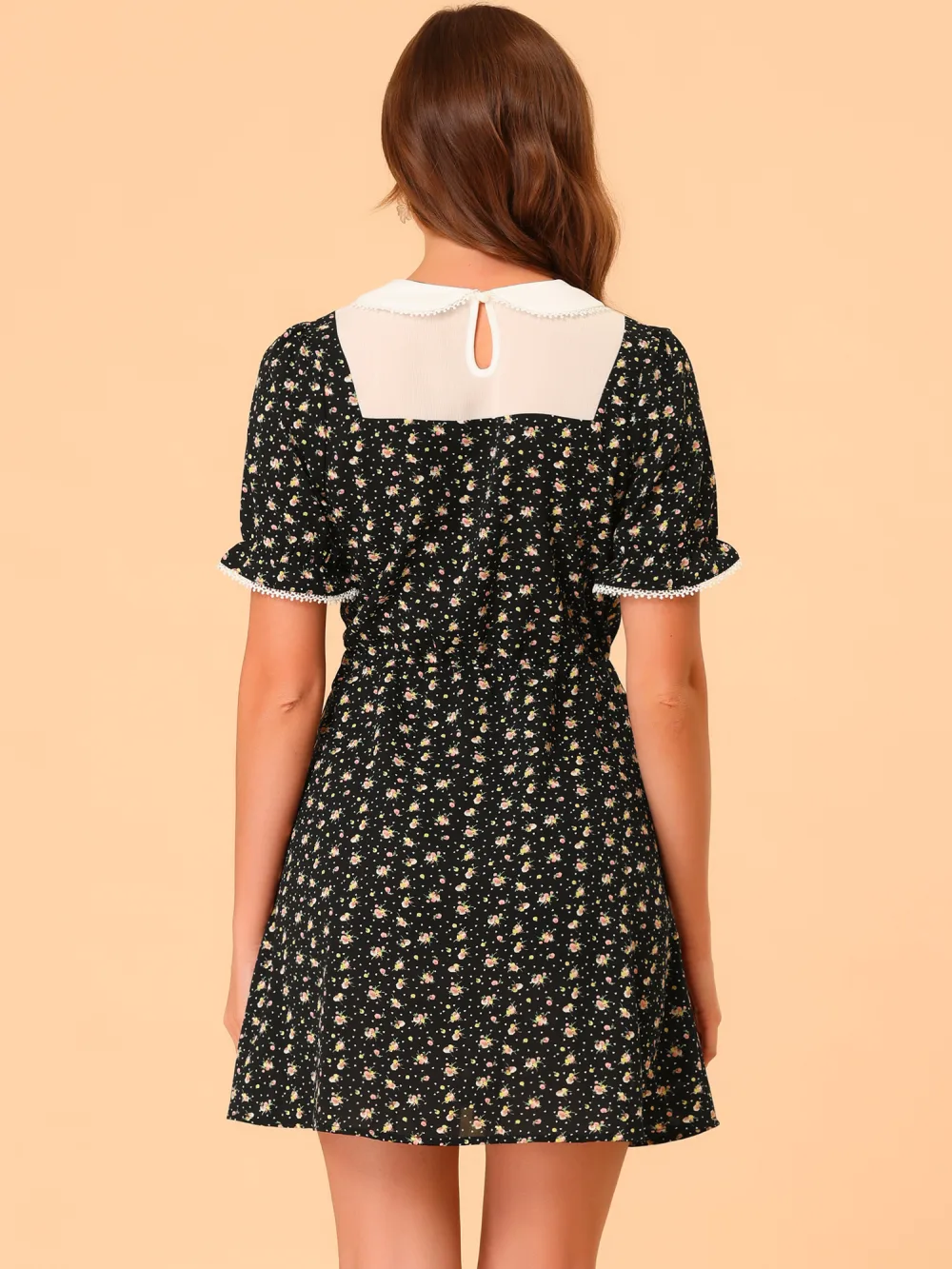 Allegra K- Contrast Peter Pan Collar Puff Short Sleeve Floral Dress