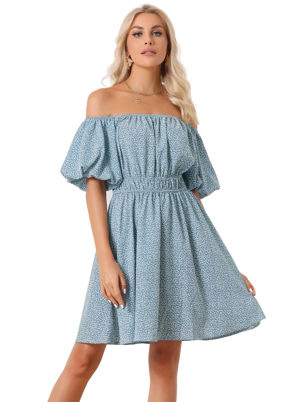 Allegra K- Off Shoulder Puff Sleeve Floral Dress