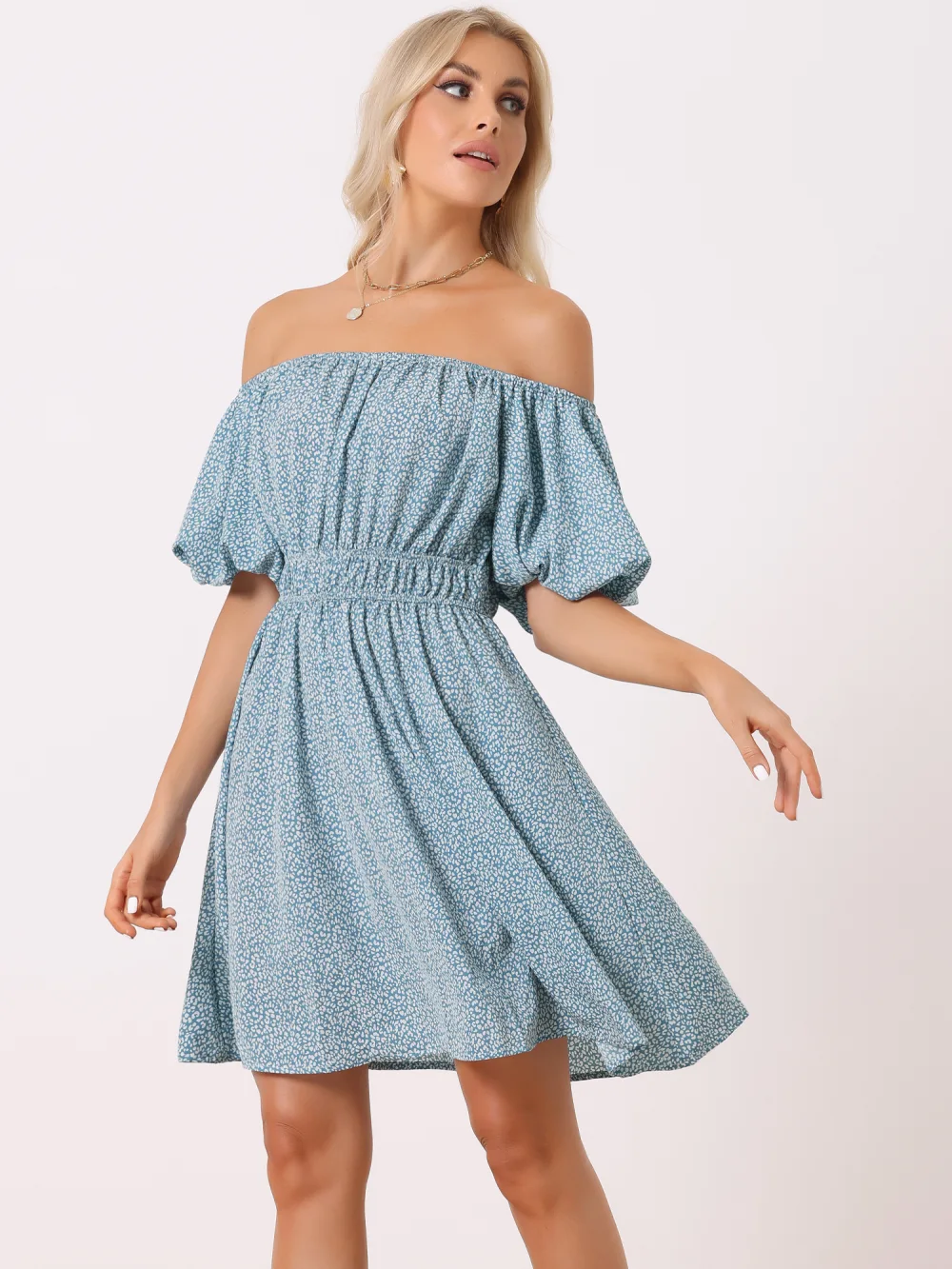 Allegra K- Off Shoulder Puff Sleeve Floral Dress