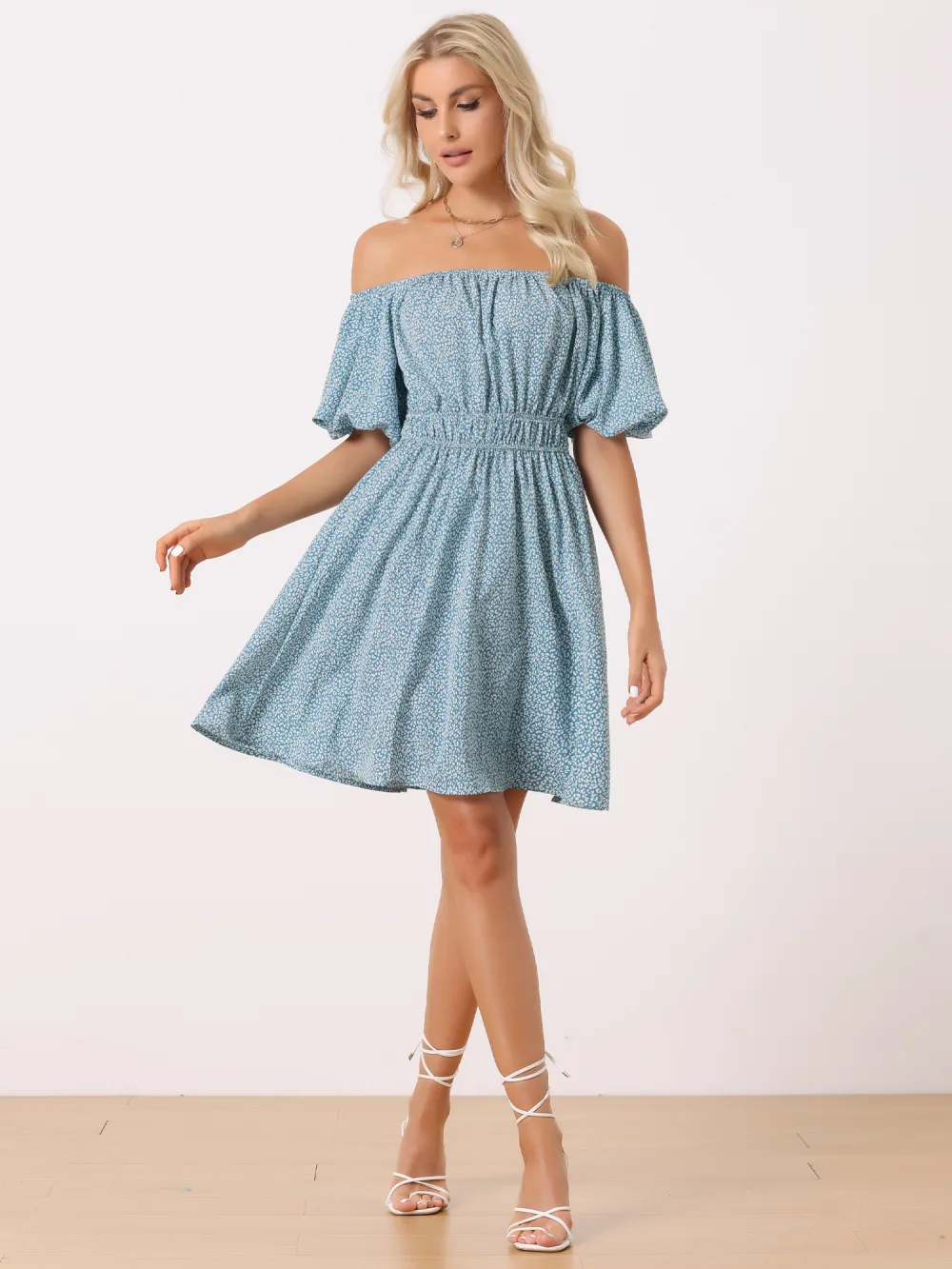 Allegra K- Off Shoulder Puff Sleeve Floral Dress