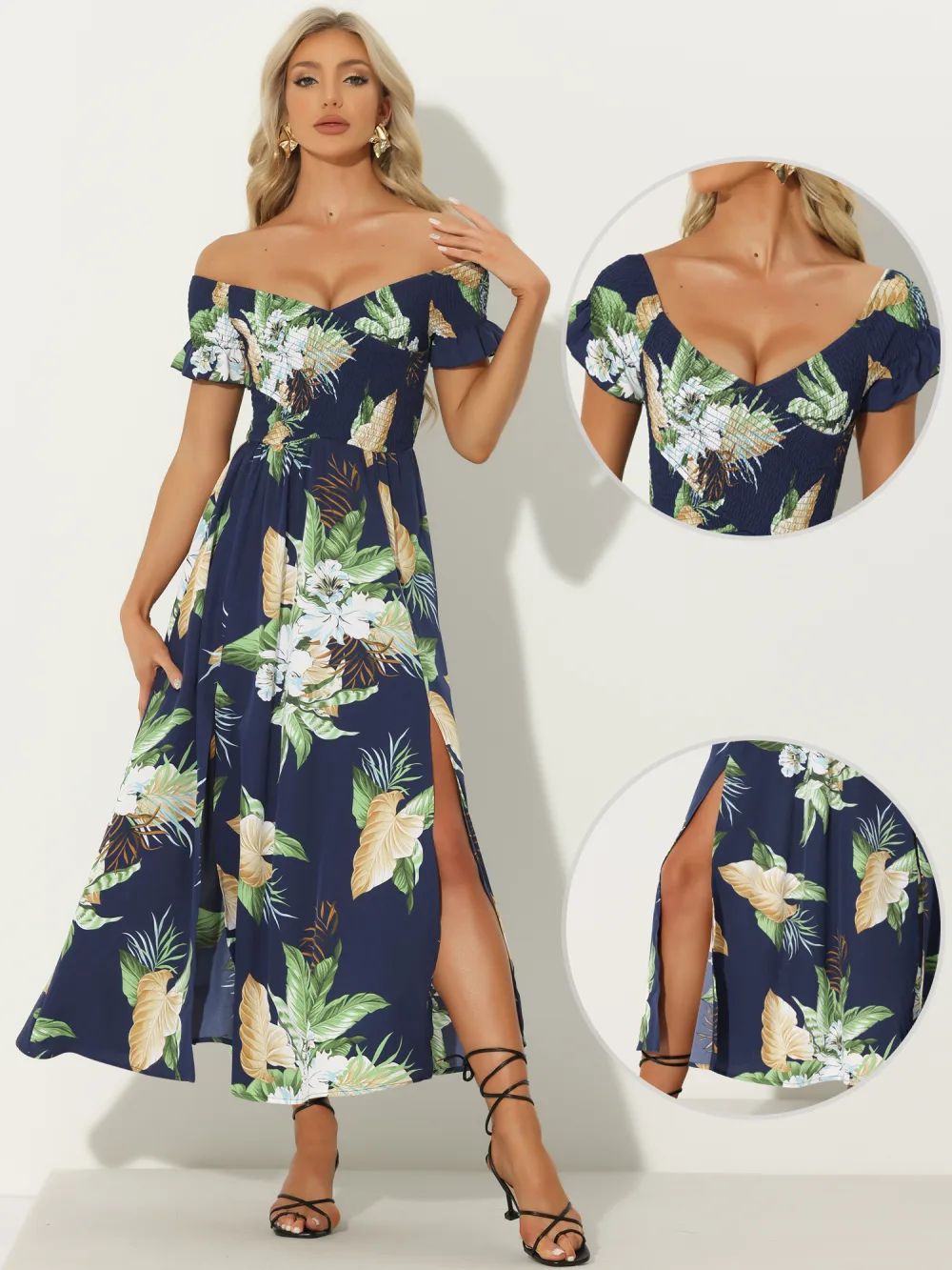 Allegra K- Smock Beach Off Shoulder Floral Dress