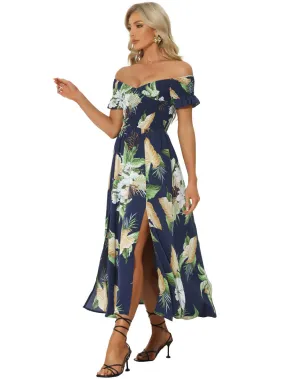 Allegra K- Smock Beach Off Shoulder Floral Dress