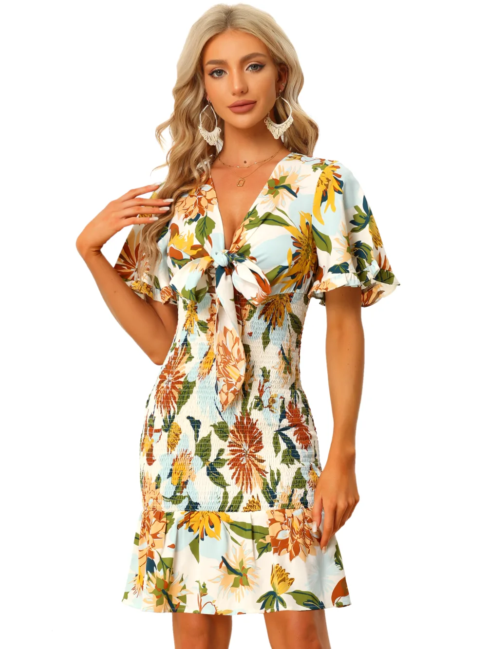 Allegra K- Smocked Knot Front Bodycon Summer Floral Dress