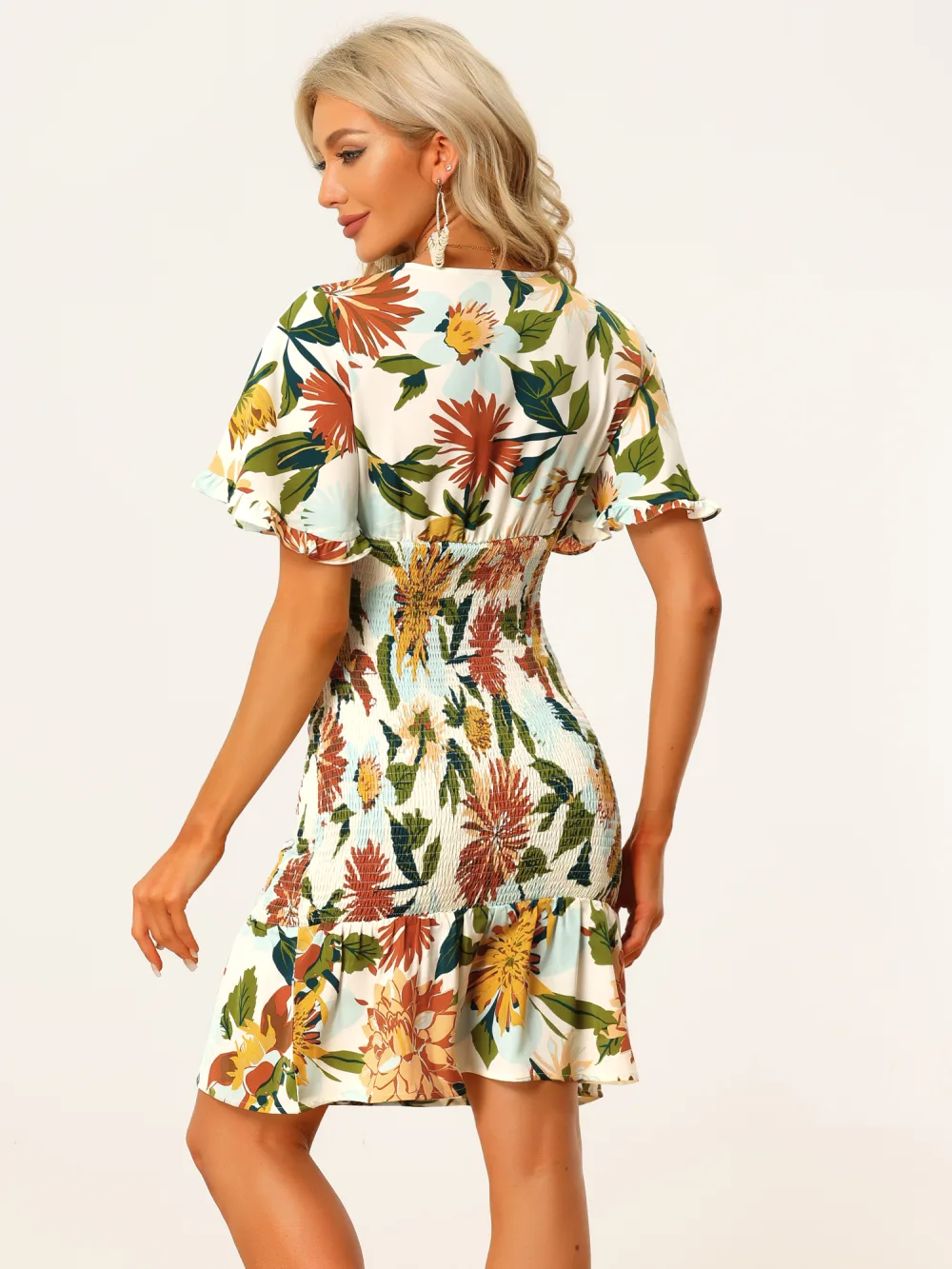 Allegra K- Smocked Knot Front Bodycon Summer Floral Dress