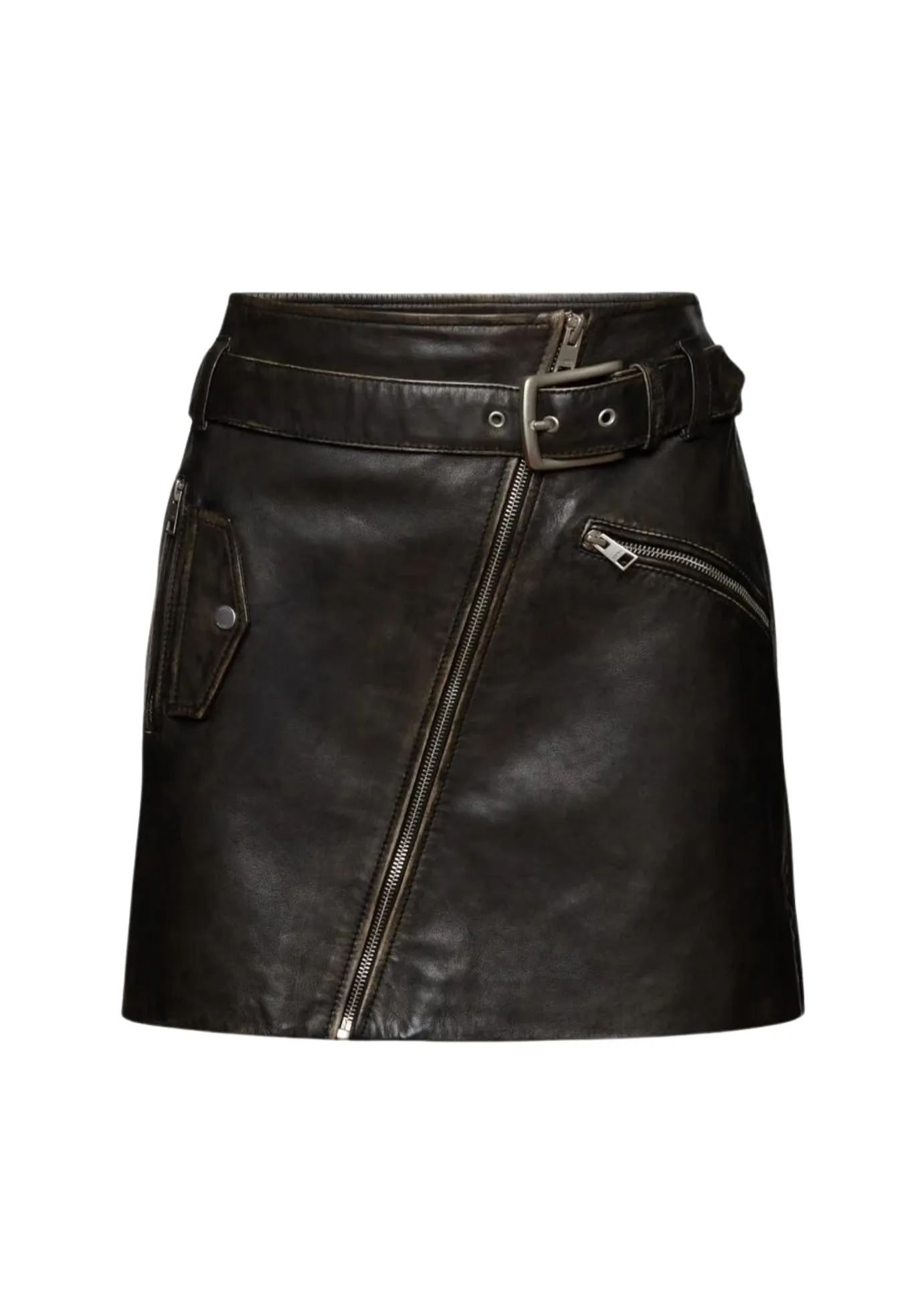 Asymmetric Zip Leather Mini Skirt Black