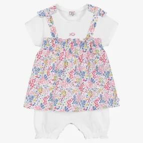 Baby Girls White & Pink Cotton Floral Dress