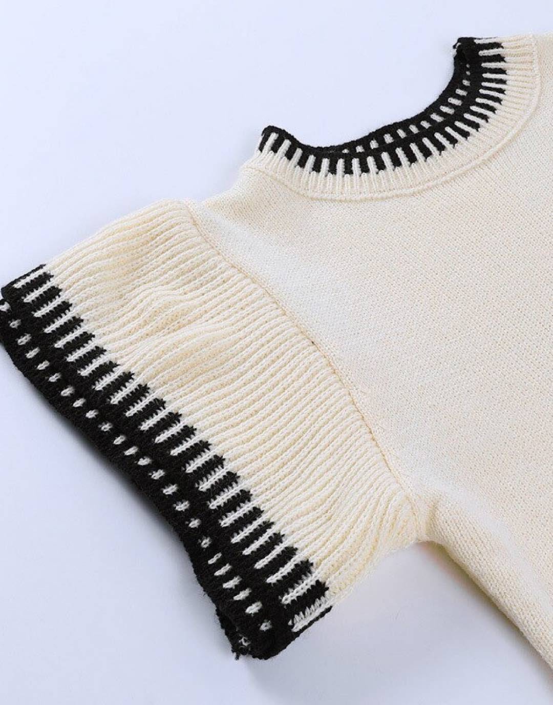 Beige Black Short Sleeve Knit Sweater