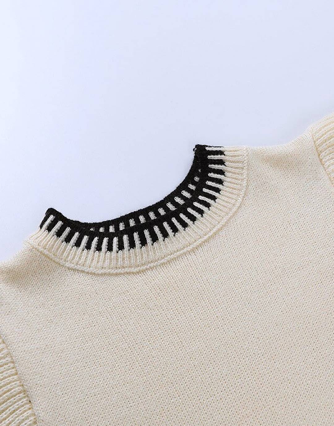 Beige Black Short Sleeve Knit Sweater