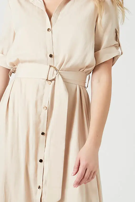 Belted Satin Shirt Midi Dress