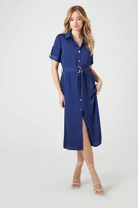 Belted Satin Shirt Midi Dress