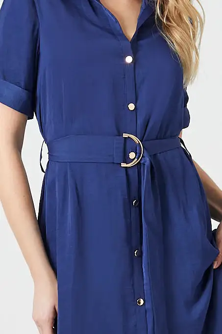 Belted Satin Shirt Midi Dress