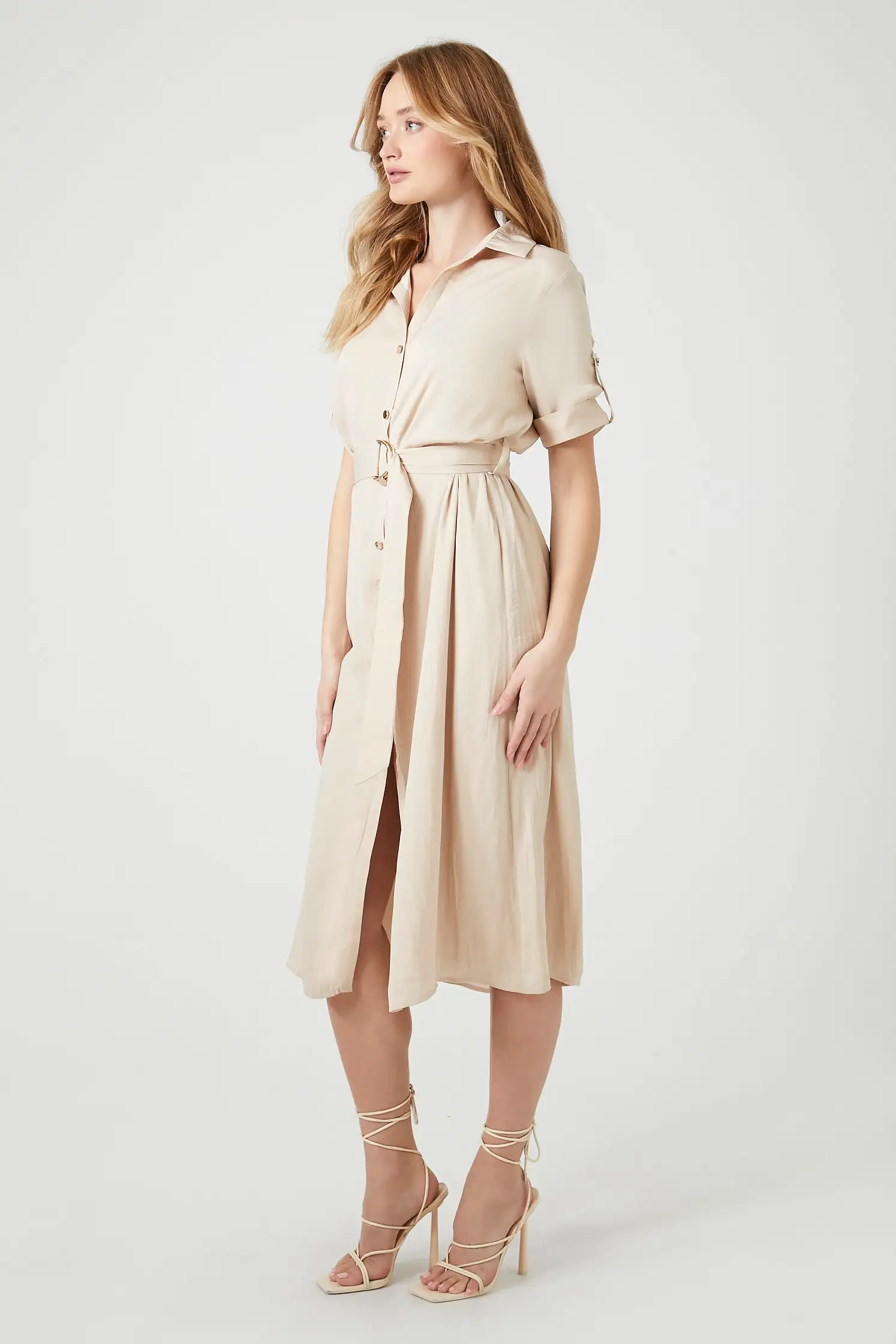 Belted Satin Shirt Midi Dress