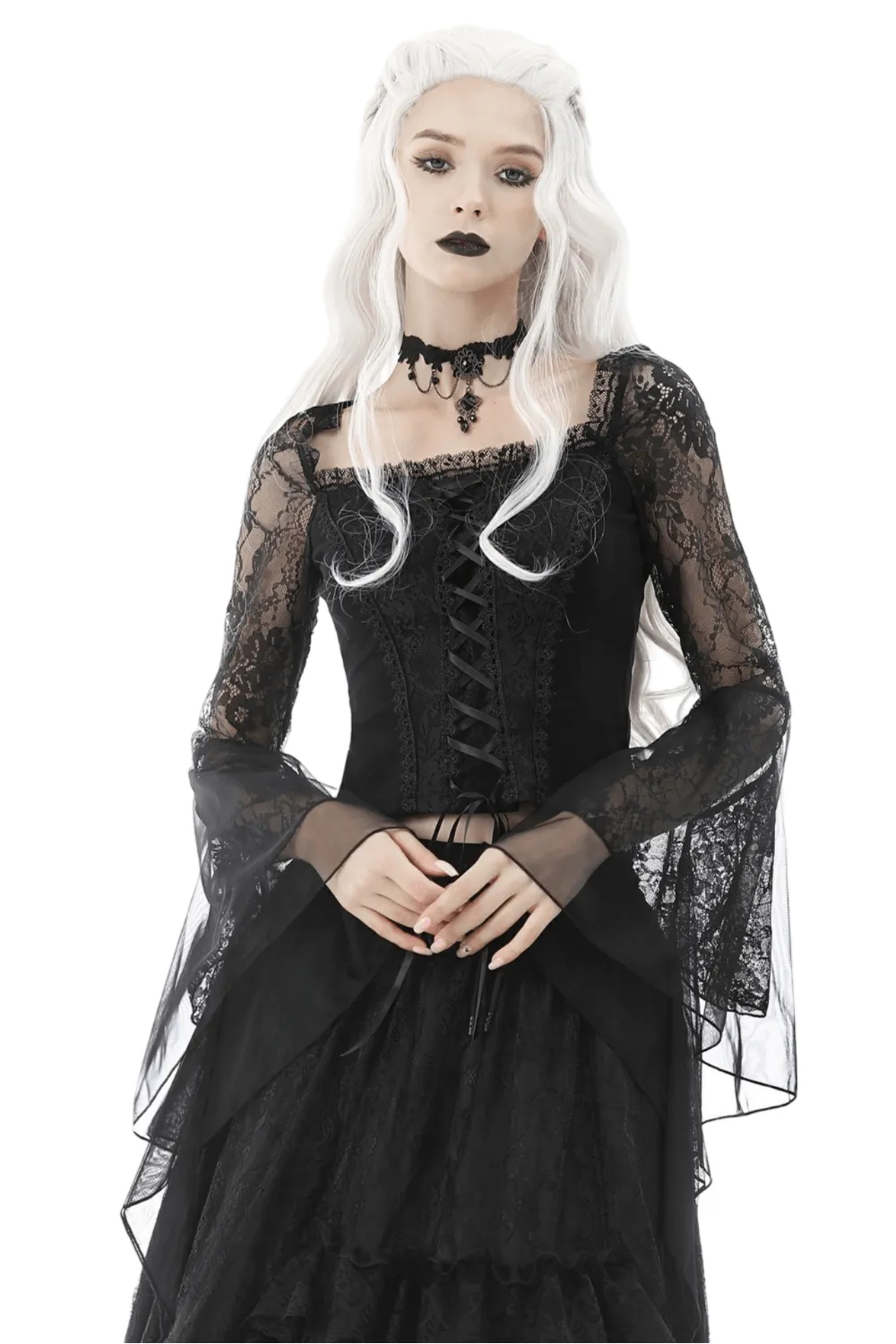 Black Gothic Lace Corset Top with Flared Sleeves