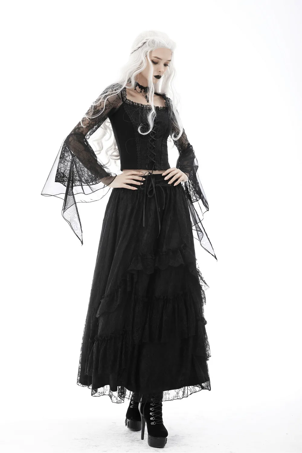 Black Gothic Lace Corset Top with Flared Sleeves