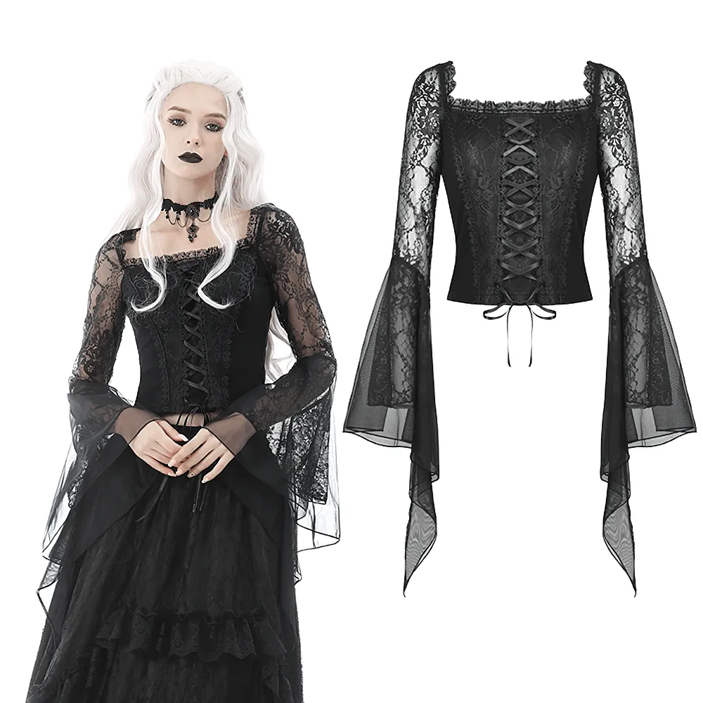 Black Gothic Lace Corset Top with Flared Sleeves