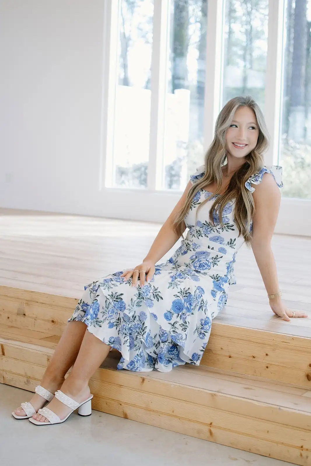 Blue & White Floral Ruffle Tiered Midi Dress