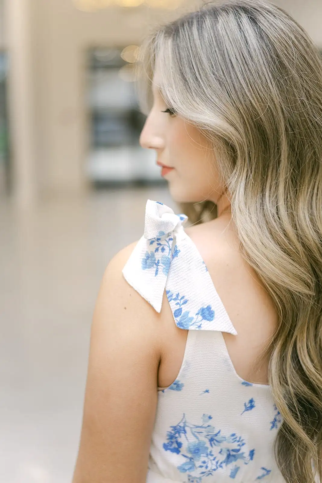 Blue & White Floral Shoulder Tie Midi Dress