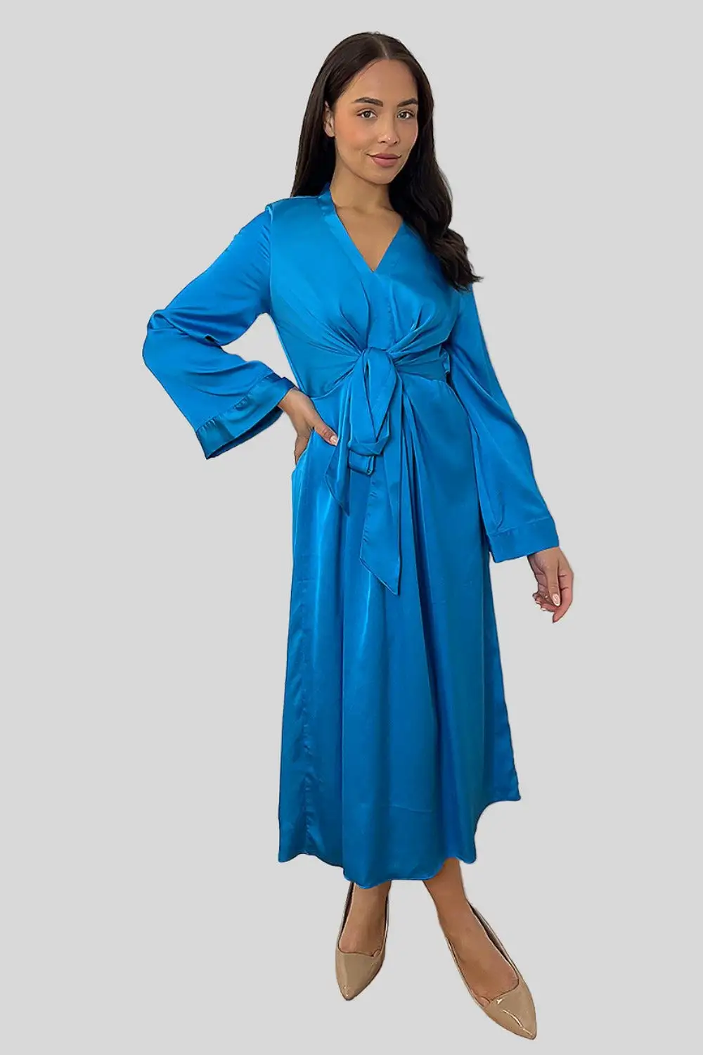 Blue Satin Front Waist Tie Shirt Dress