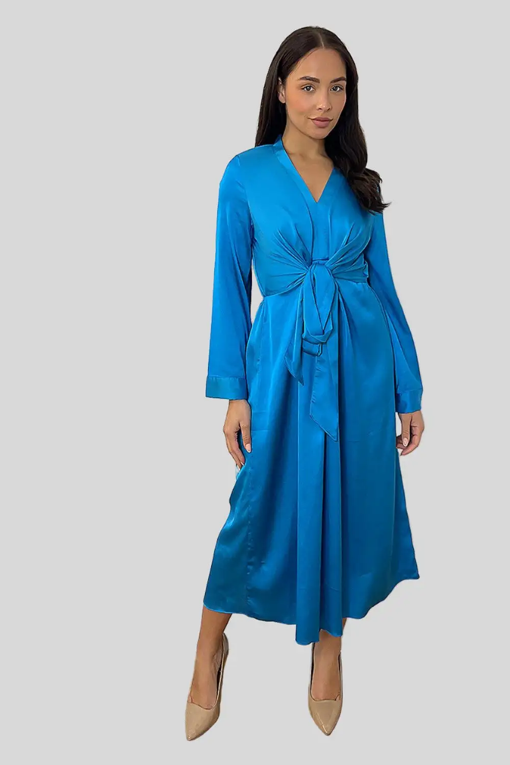 Blue Satin Front Waist Tie Shirt Dress