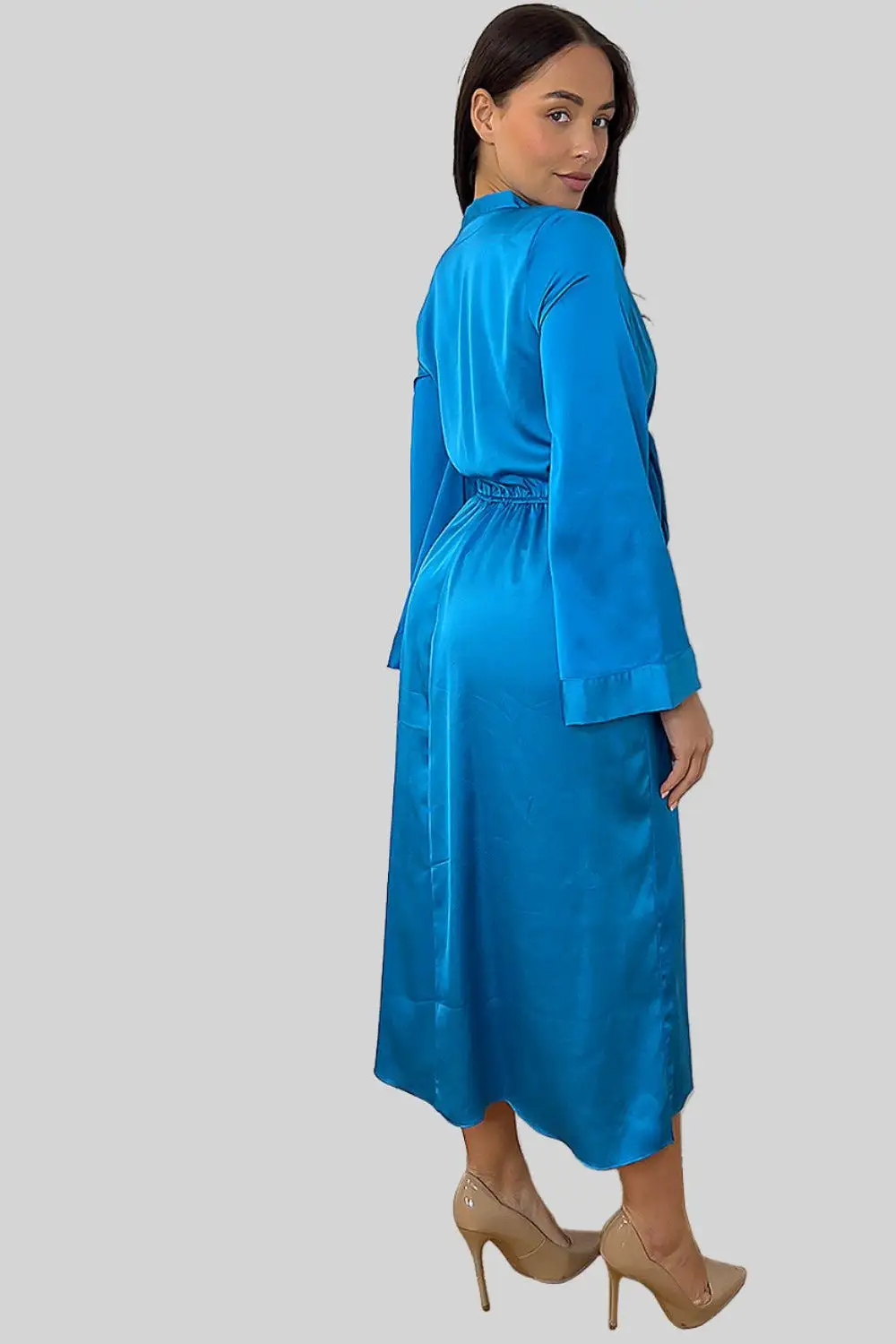 Blue Satin Front Waist Tie Shirt Dress