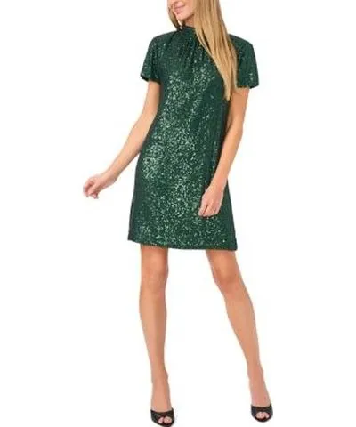 CeCe Women's Short Sleeve Sequin Mock Neck A-Line Dress