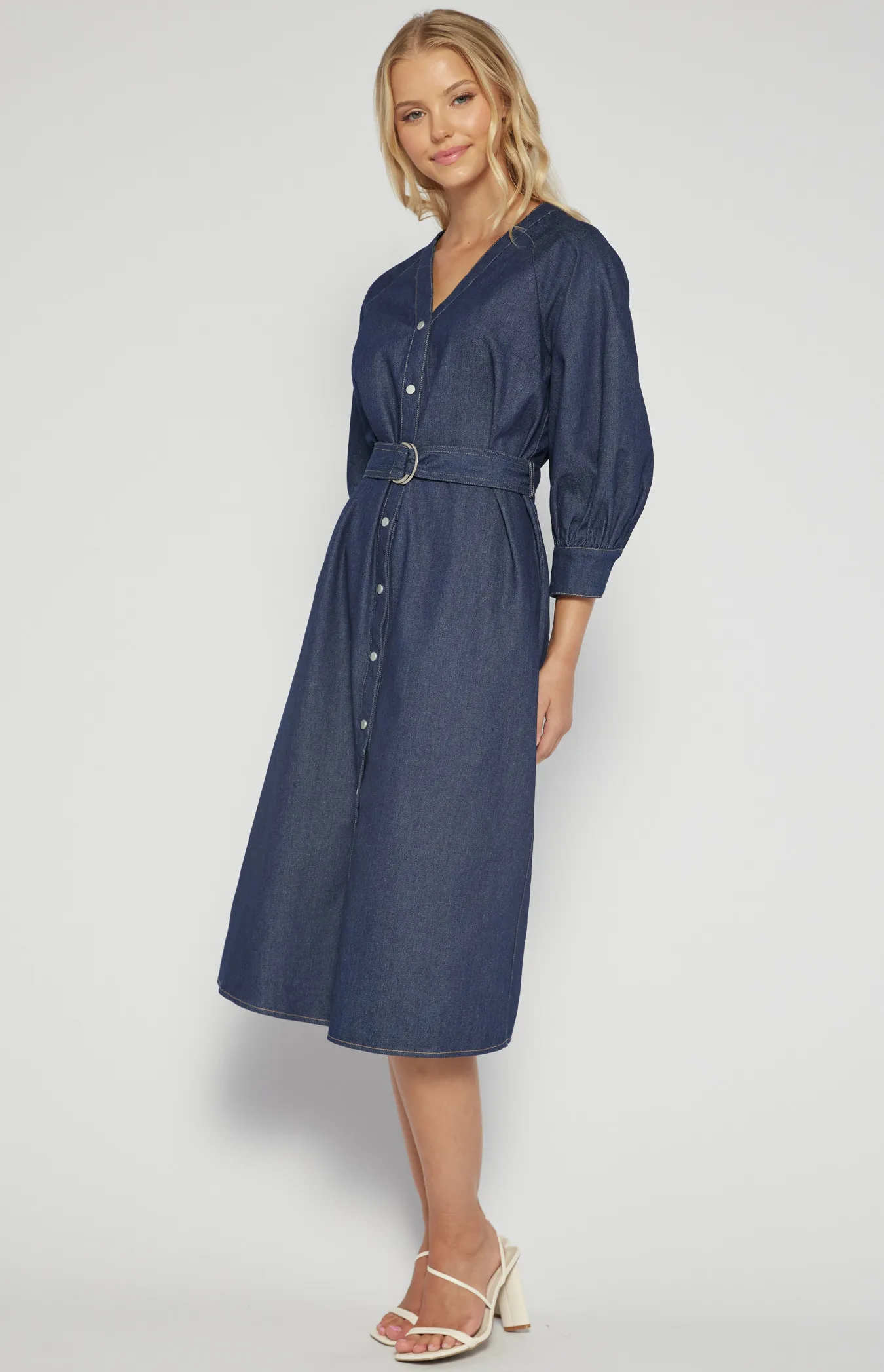 Chambray Button Up Midi Dress with Circle Belt Buckle (SDR1519B)