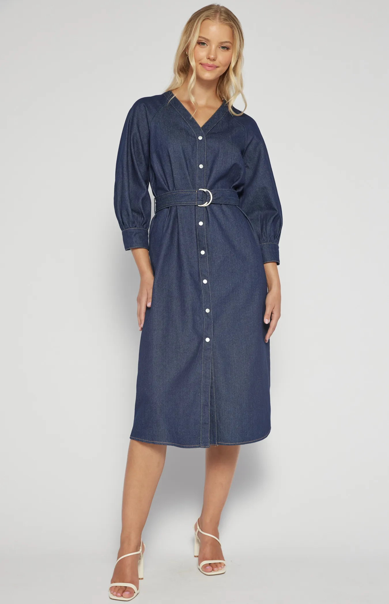 Chambray Button Up Midi Dress with Circle Belt Buckle (SDR1519B)