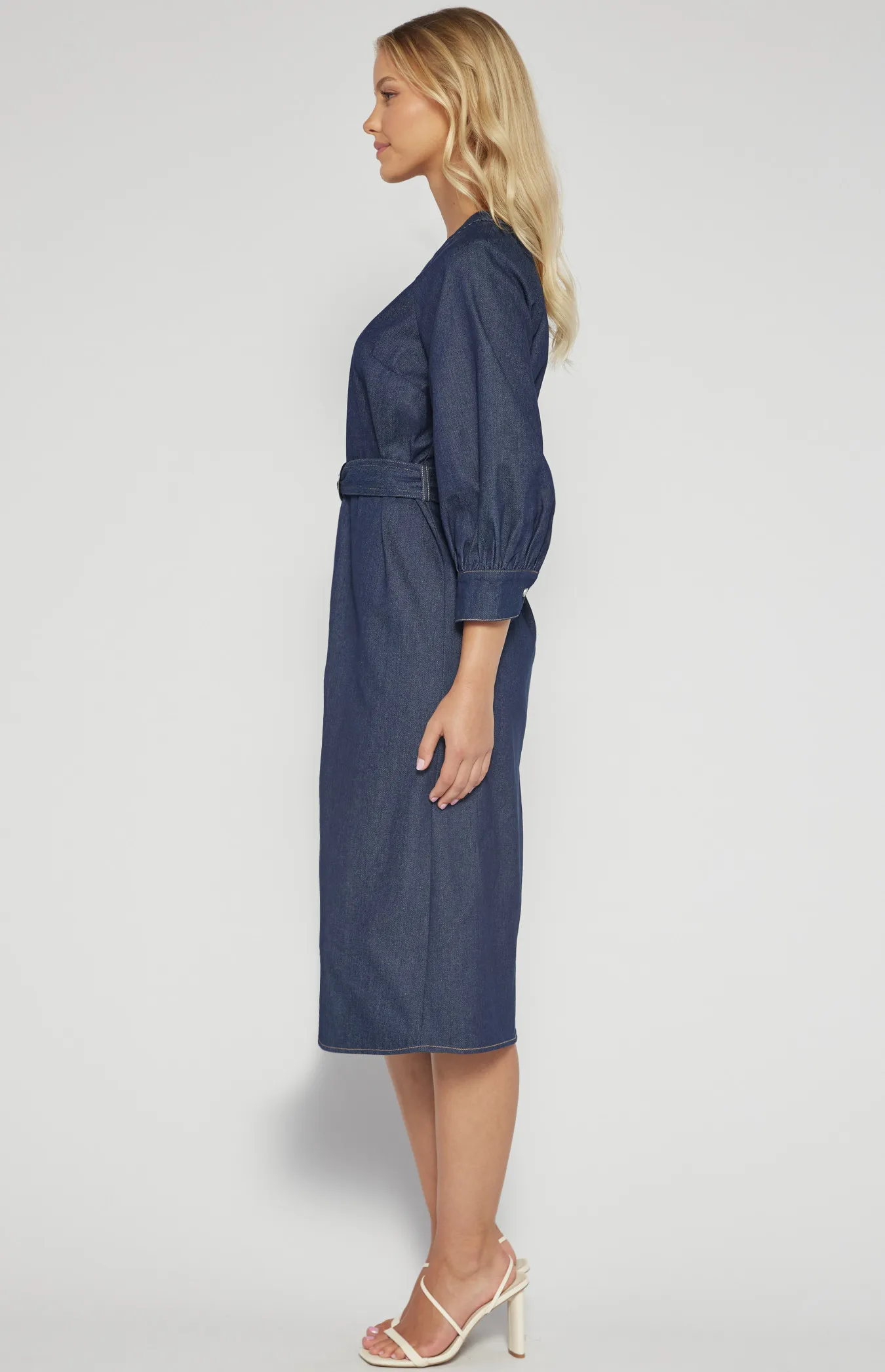 Chambray Button Up Midi Dress with Circle Belt Buckle (SDR1519B)