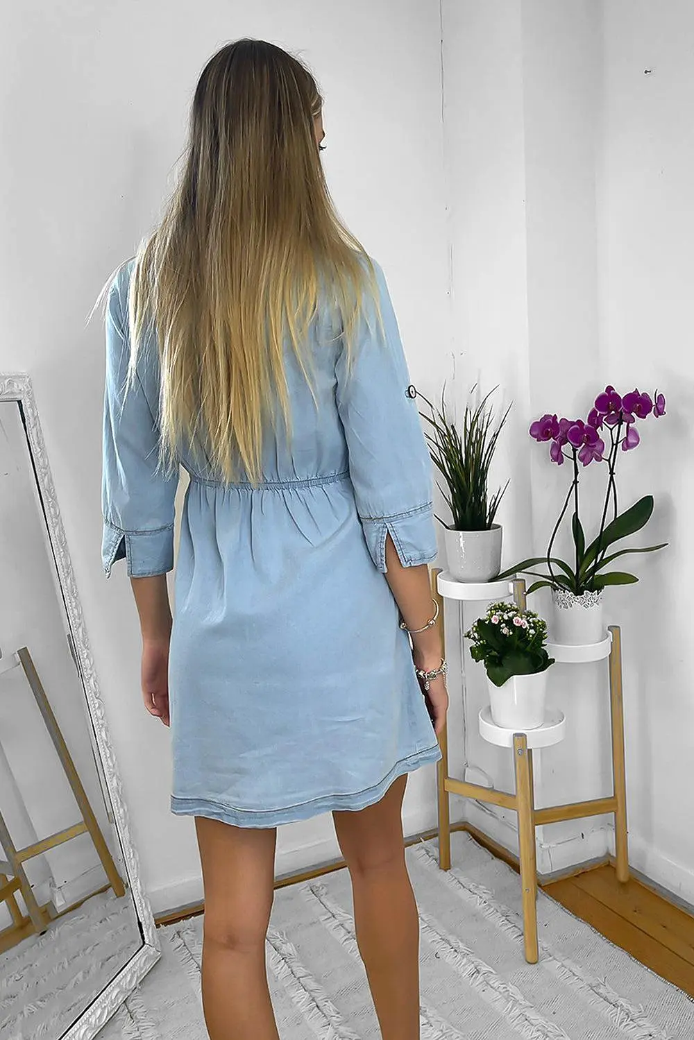 Cinched Waist Denim Shirt Dress