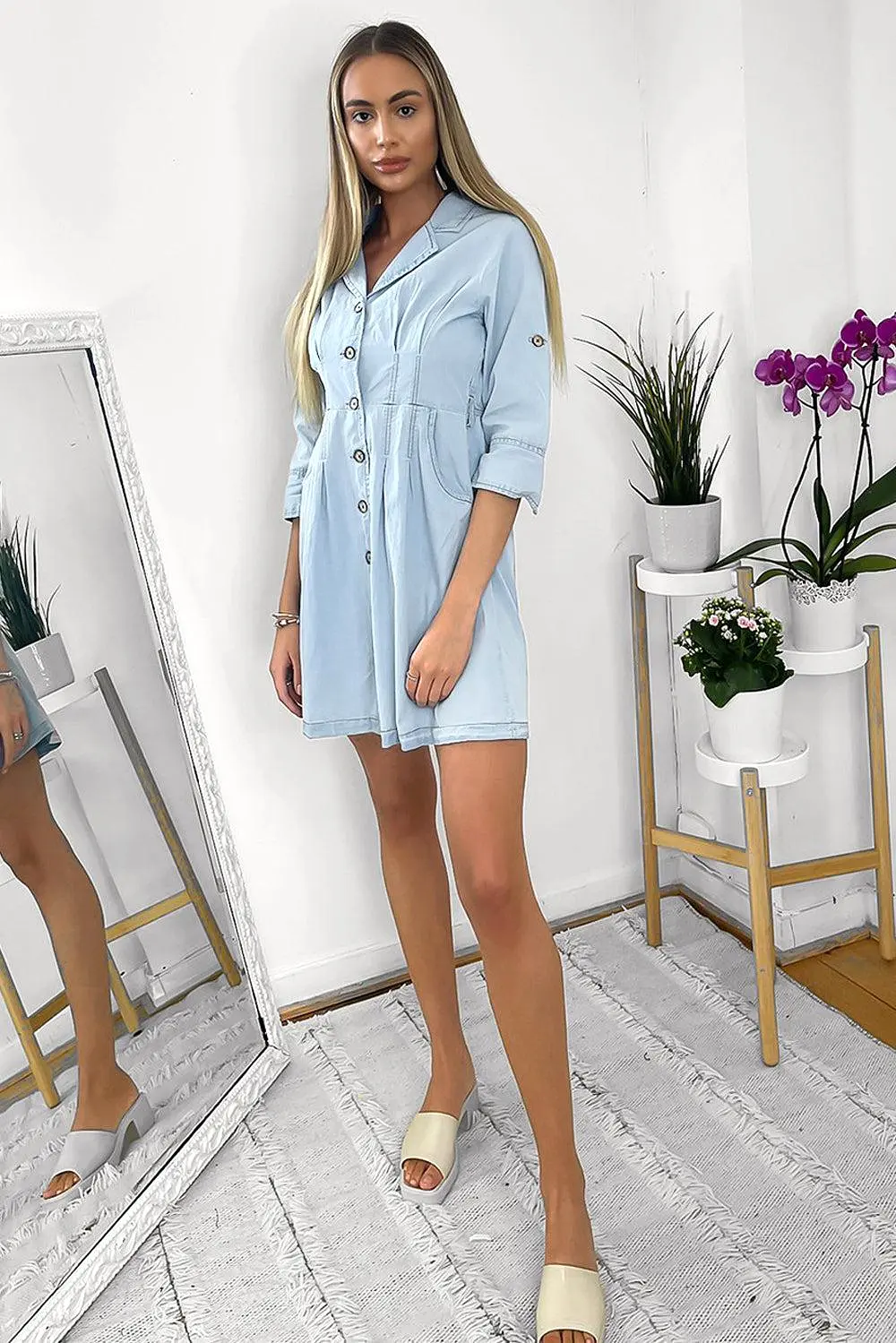 Cinched Waist Denim Shirt Dress