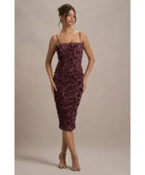 Club L London - USA New Love | Dark Mauve Strappy Midi Dress With Mesh Flowers