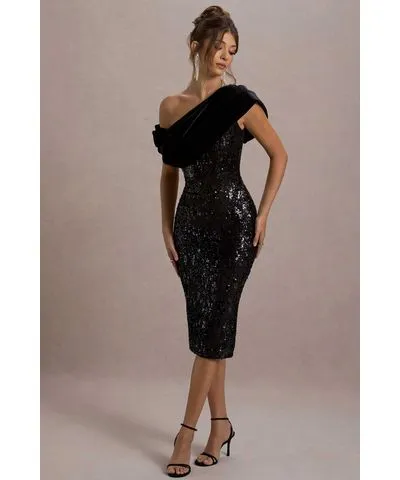 Club L London - USA Volute | Black Sequin One-Shoulder Draped Midi Dress