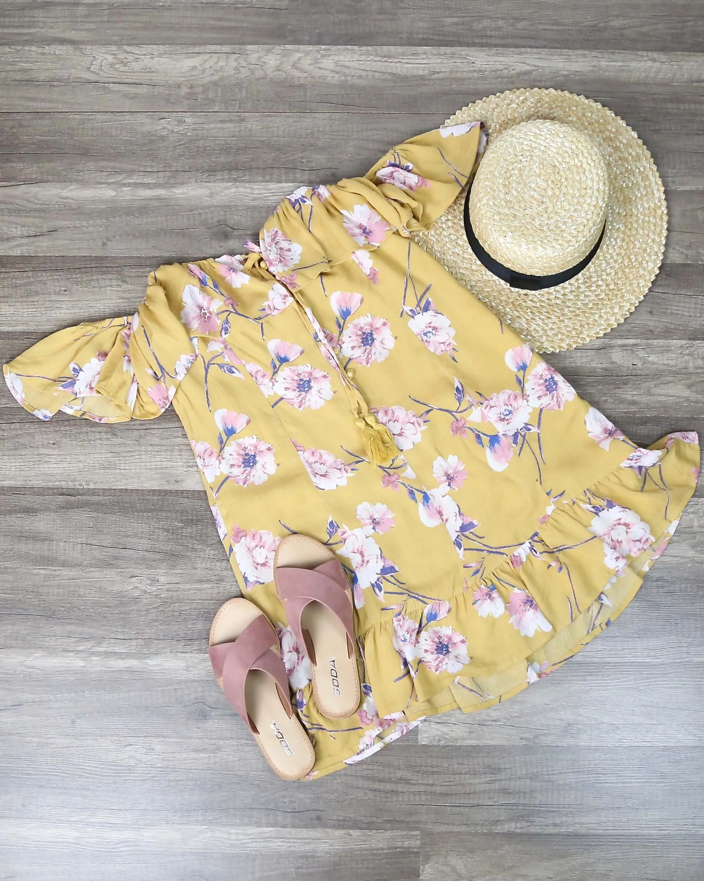 Cotton Candy LA - Love or Lust Off The Shoulder Floral Dress in Honey