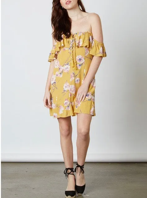 Cotton Candy LA - Love or Lust Off The Shoulder Floral Dress in Honey