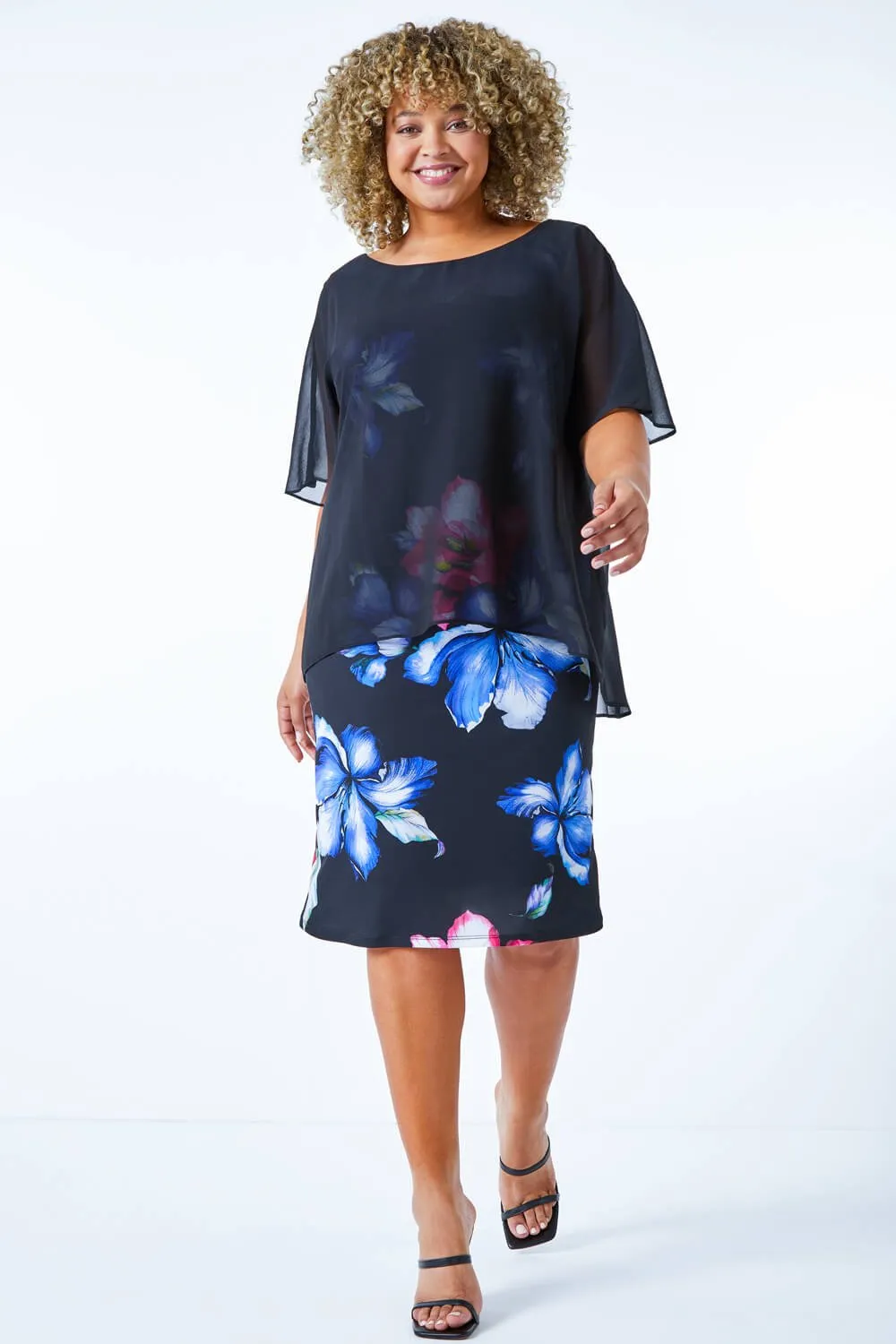 Curve Chiffon Overlay Floral Dress  in Black - Roman Originals UK