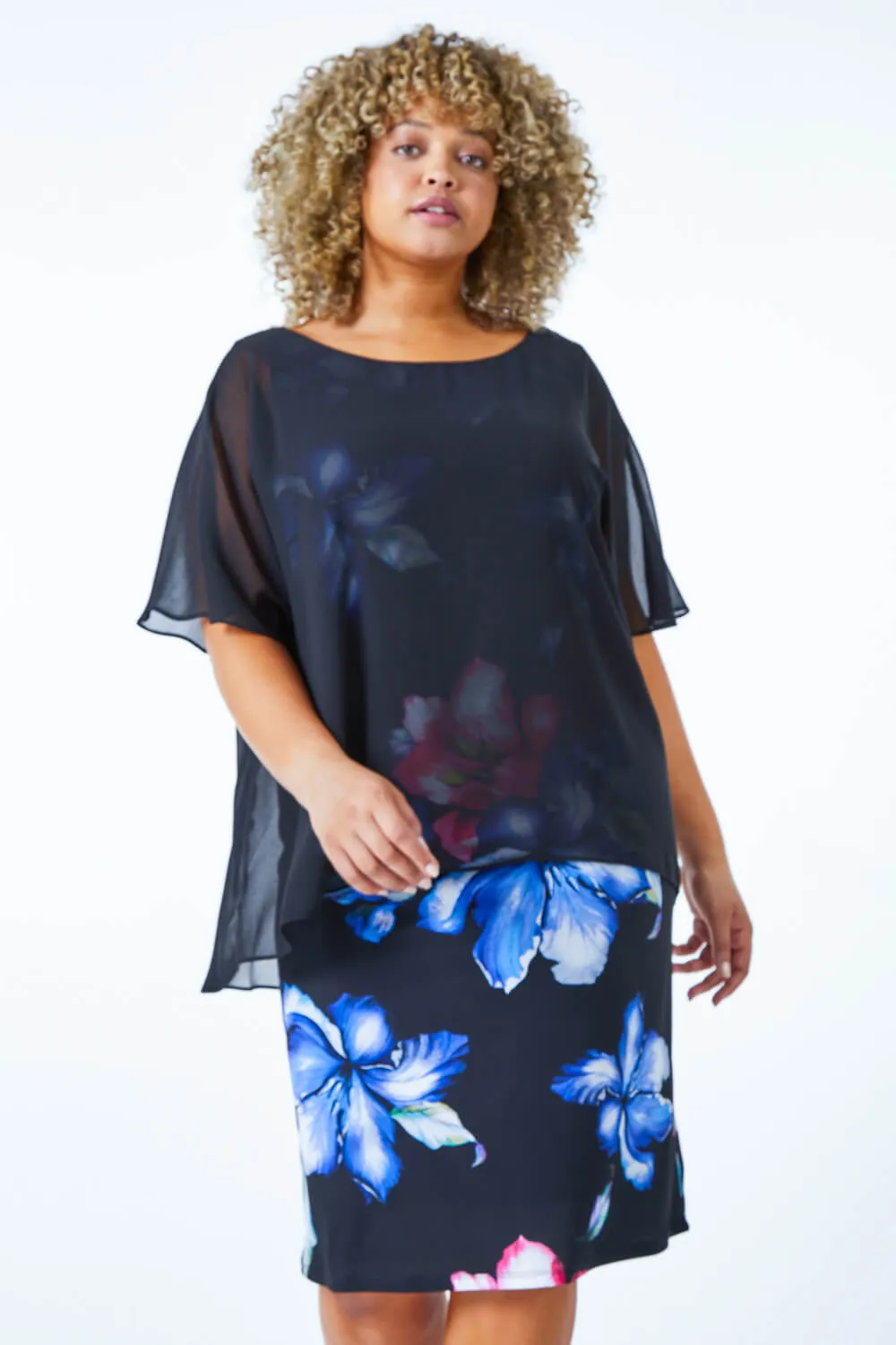 Curve Chiffon Overlay Floral Dress  in Black - Roman Originals UK