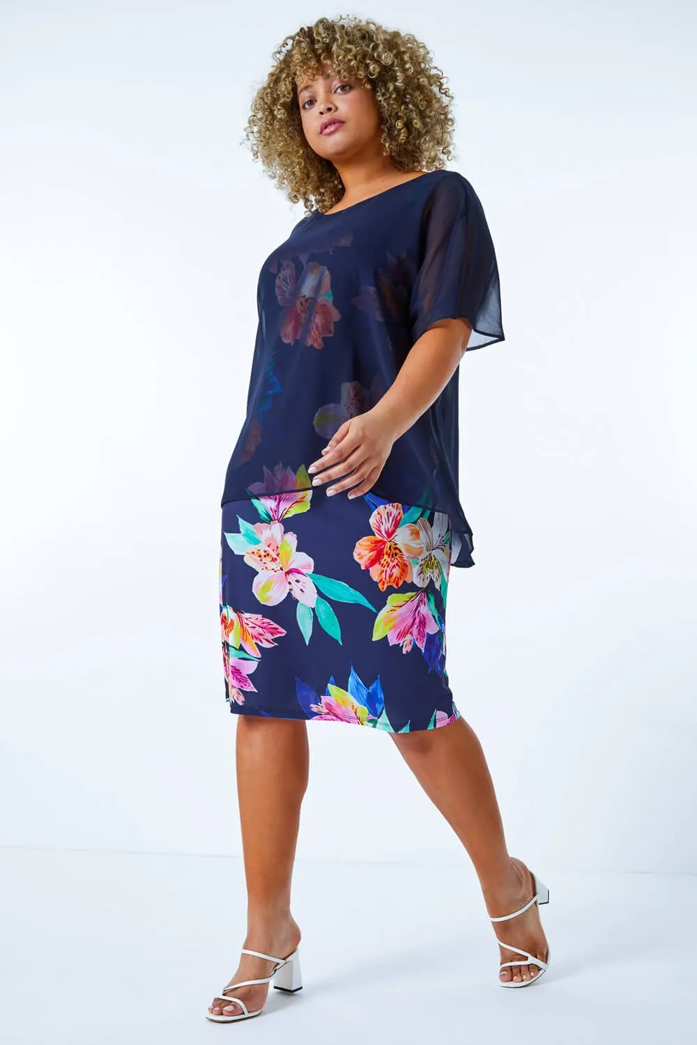 Curve Chiffon Overlay Floral Dress in Navy - Roman Originals UK