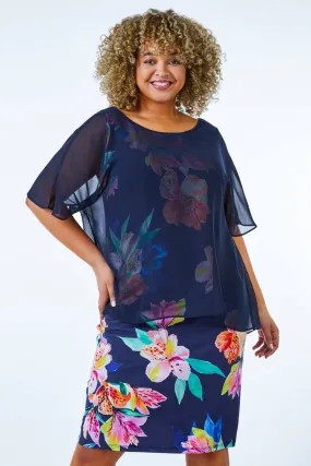 Curve Chiffon Overlay Floral Dress in Navy - Roman Originals UK