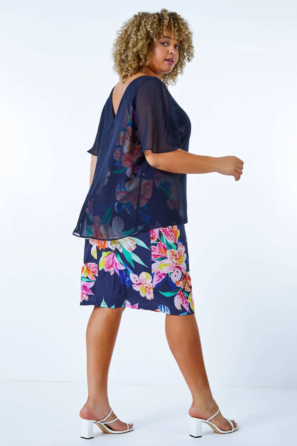 Curve Chiffon Overlay Floral Dress in Navy - Roman Originals UK