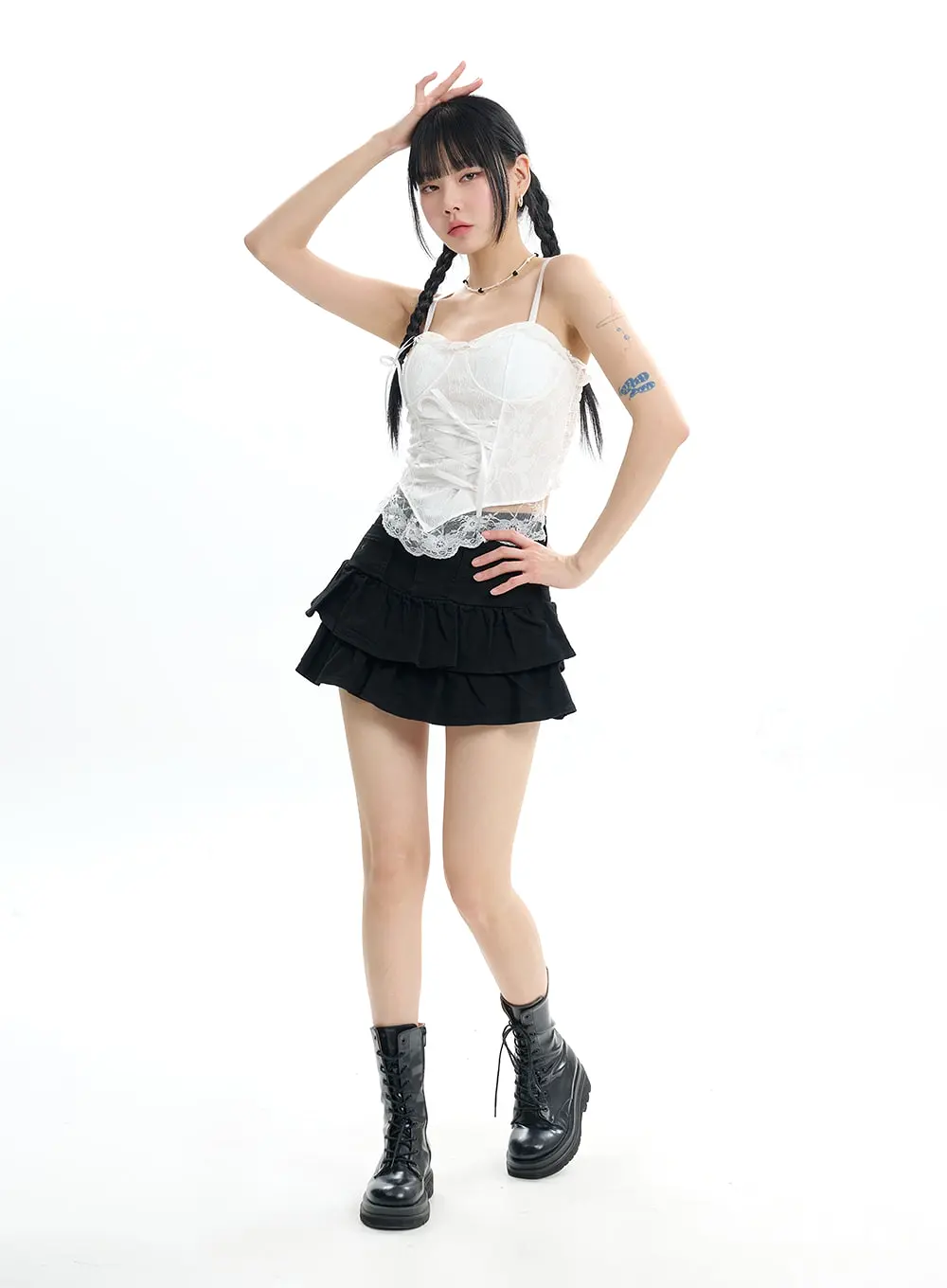 Denim Fringe Layered Mini Skirt IF413