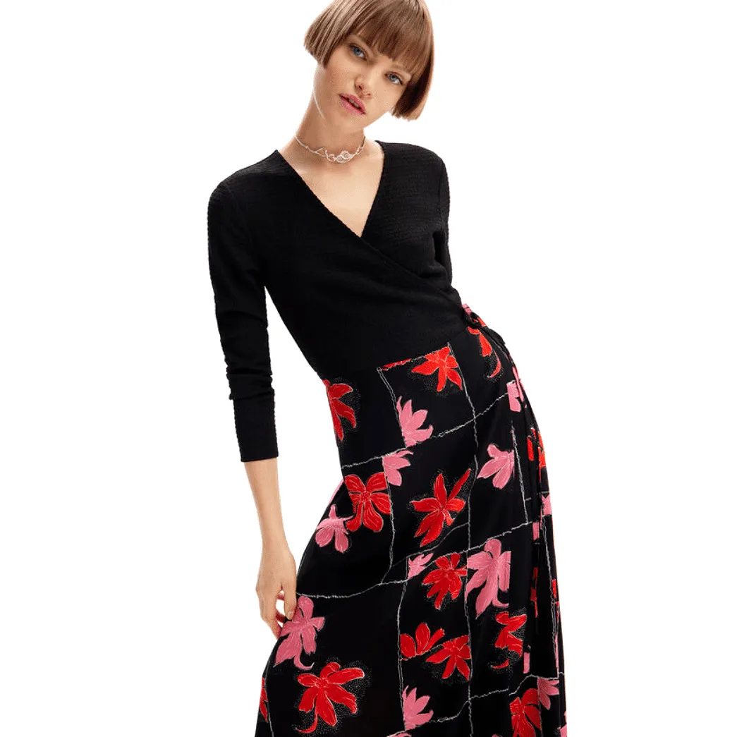 Desigual Floral Wrap Midi Dress in Black Multi