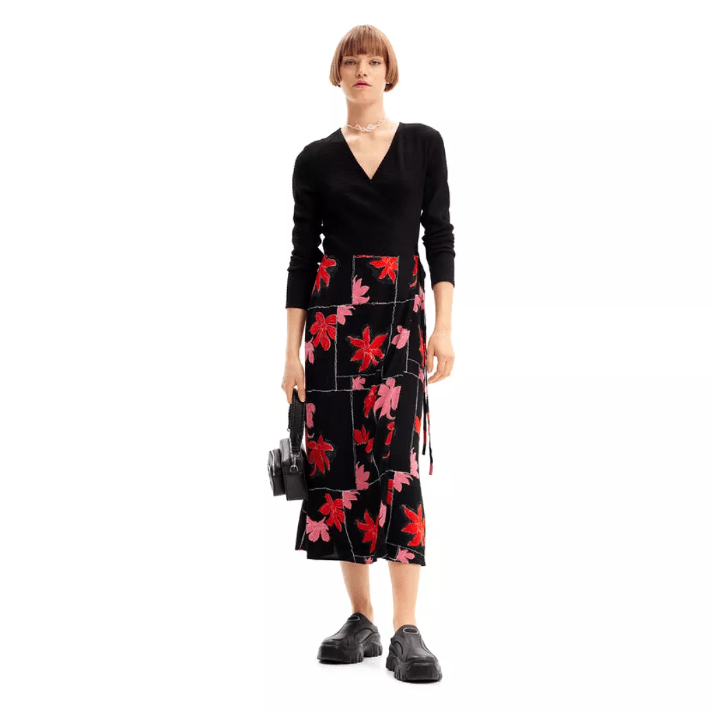 Desigual Floral Wrap Midi Dress in Black Multi