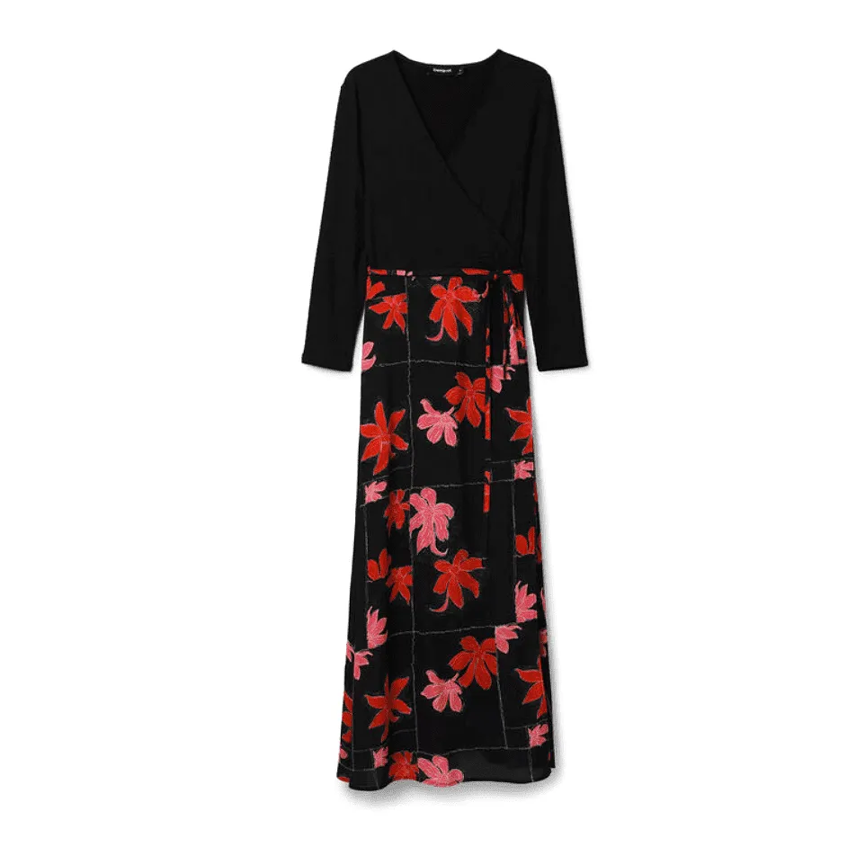 Desigual Floral Wrap Midi Dress in Black Multi