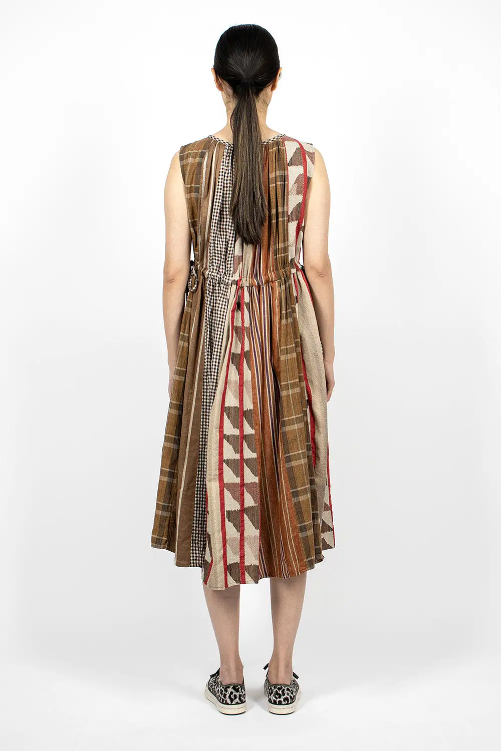 Drawstring Panel Dress Brown Stripe